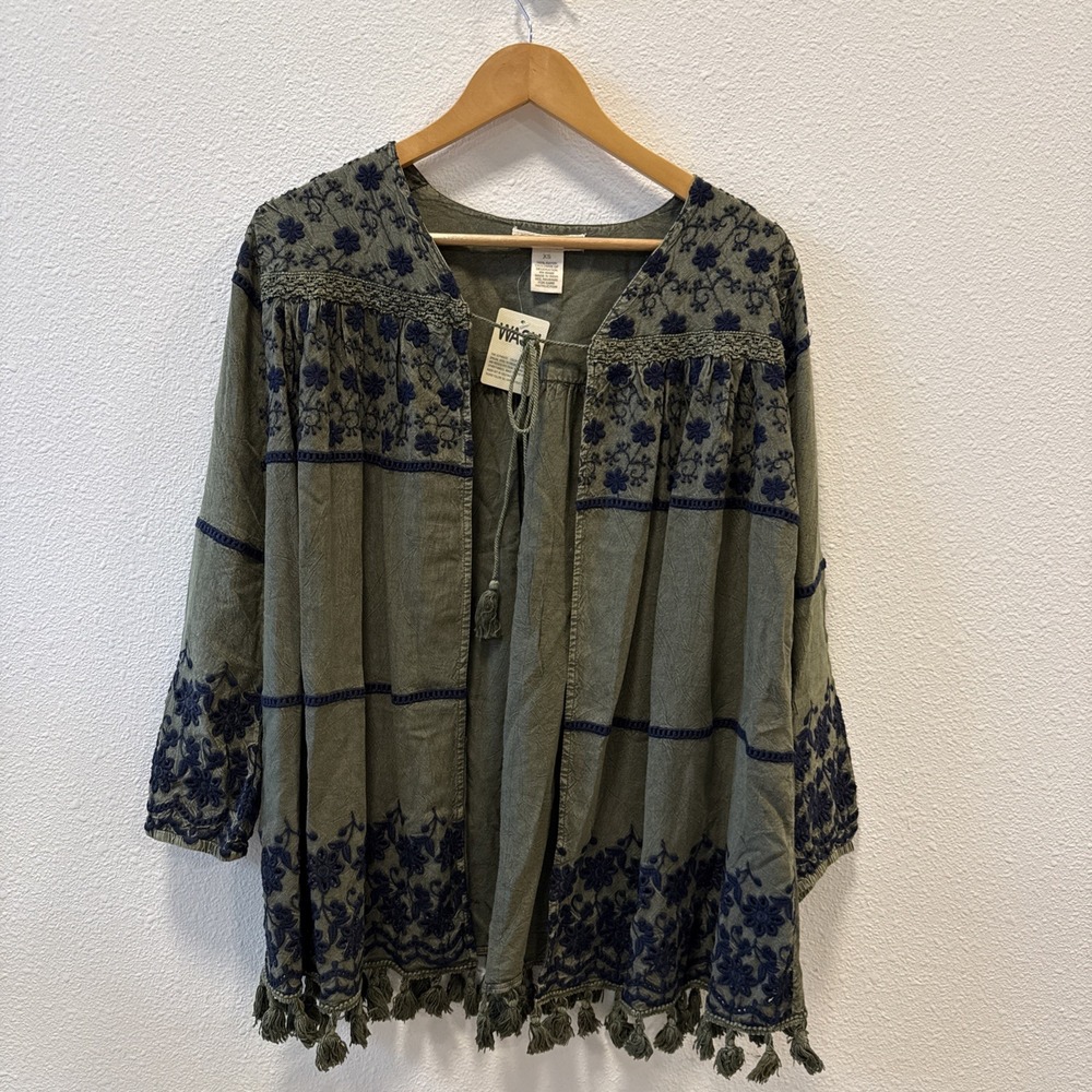 NWT Indigo‎ Thread Co Dark Green Navy Embroider Boho Tassel Tunic X Size Small